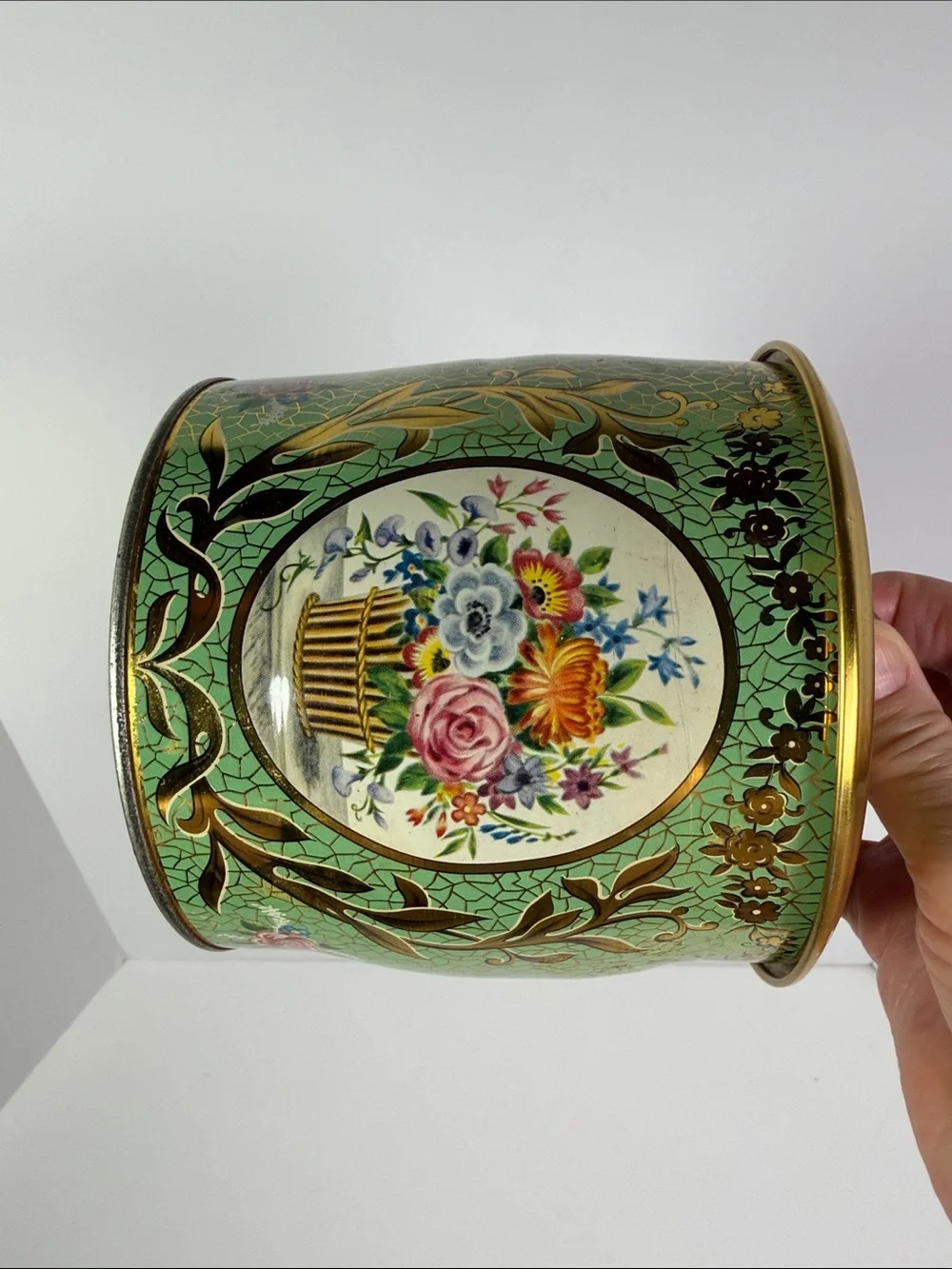 Vintage Biscuit Cookie Tea Tin England Floral Decorative Canister Gold Trim 6”